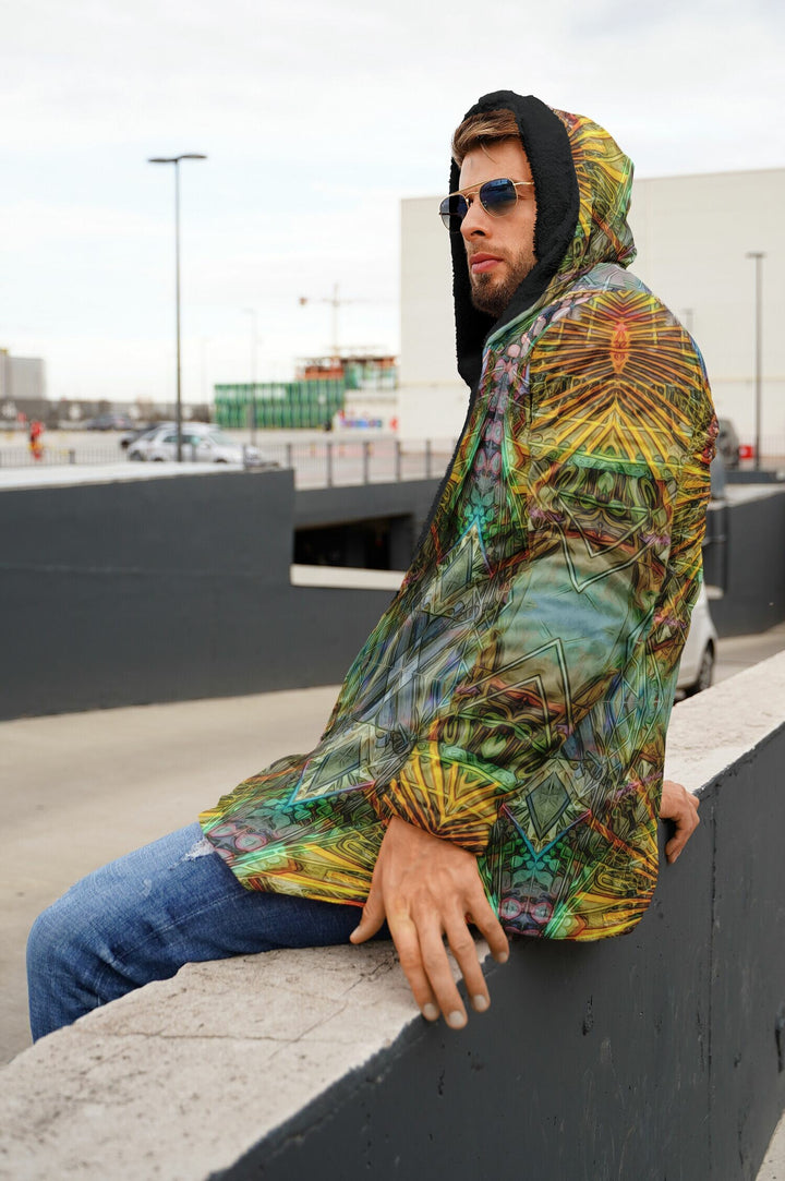 Lotus Guardian Cuddle Cloak | Unisex Minky Sherpa Hooded Coat | Women and Mens Festival Coat | Mountain Fashion