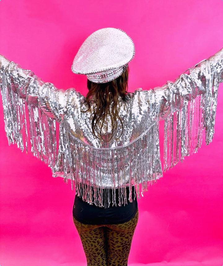 Womens Silver Sequin Jacket, Disco Jacket, Vintage Fringed Tinsel Jacket, Boho party Jacket with Tassels, Western Jacket, Bohemian Jacket