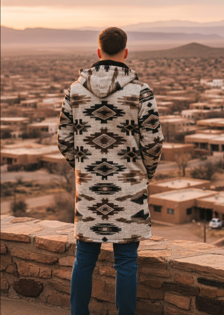 Ganado Tribal Cuddle Coat | Unisex Minky Sherpa Lined Coat with Hood, Zipper and Pockets | Women and Mens Festival Coat | Mountain Fashion