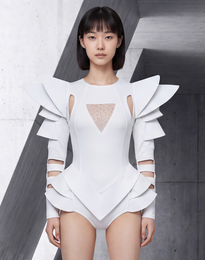 Leeloo SciFi Dress / Geometric Lady Gaga Costume / Futuristic Alien Space Girl / Cutout Shoulders Mesh Cosplay Catsuit