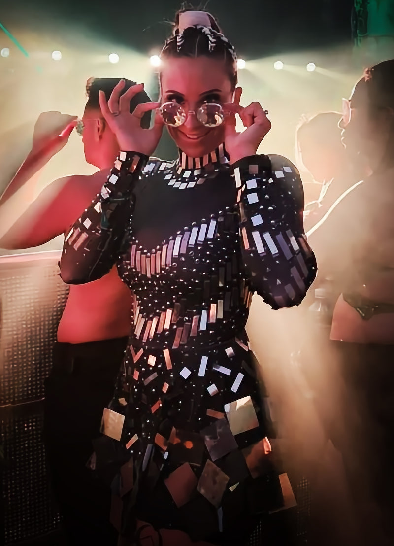 Astraea Reflective Mirror Bodysuit Dress | Futuristic Disco Ball Festival & Stage Outfit Manifestie MODEL WORN - FINAL SALE Astraea Reflective Mirror Bodysuit Dress | Futuristic Disco Ball Festival & Stage Outfit Manifestie MODEL WORN - FINAL SALE