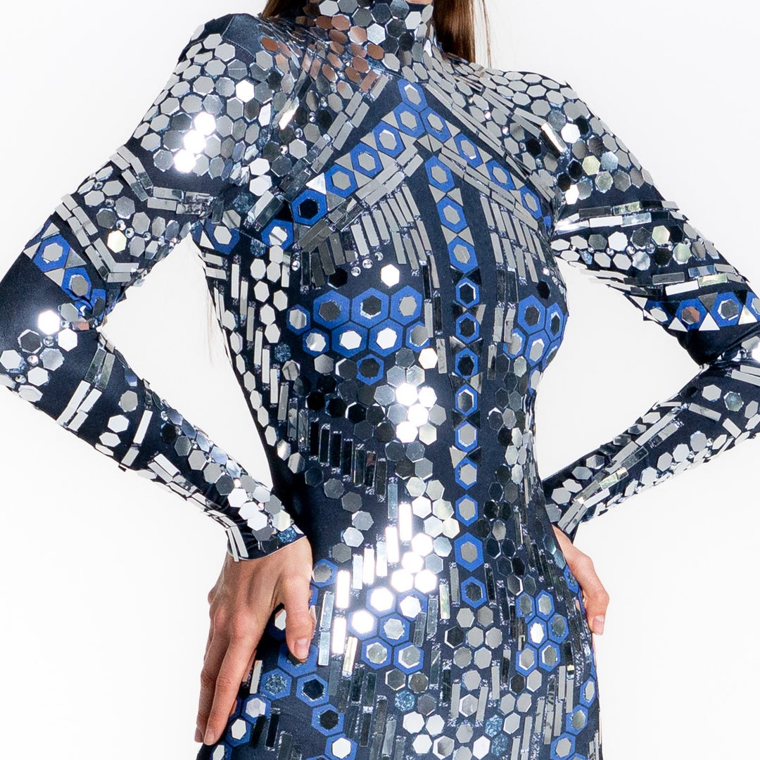 Black reflective sequin jumpsuit for festivals and stage performances by Manifestie