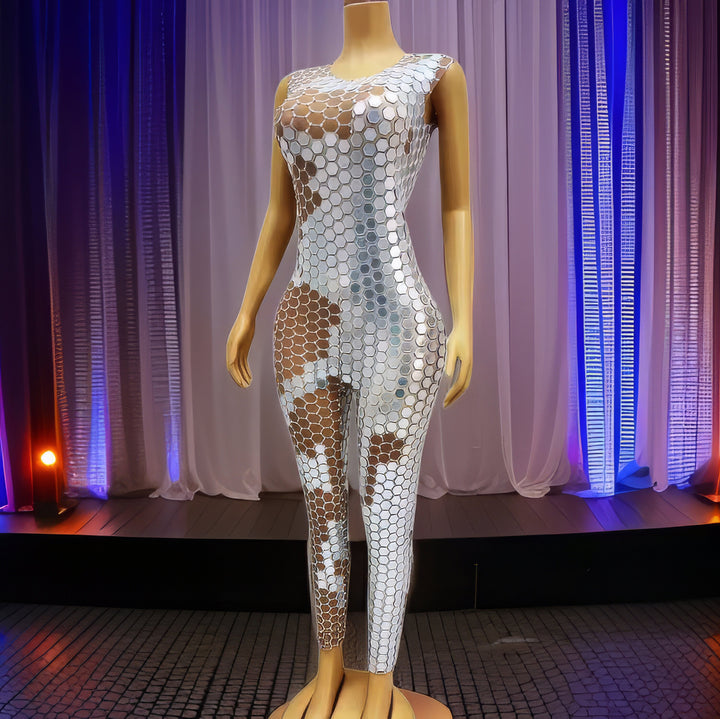Space Bee Reflective Sequin Bodysuit – silver mirror catsuit by Manifestie