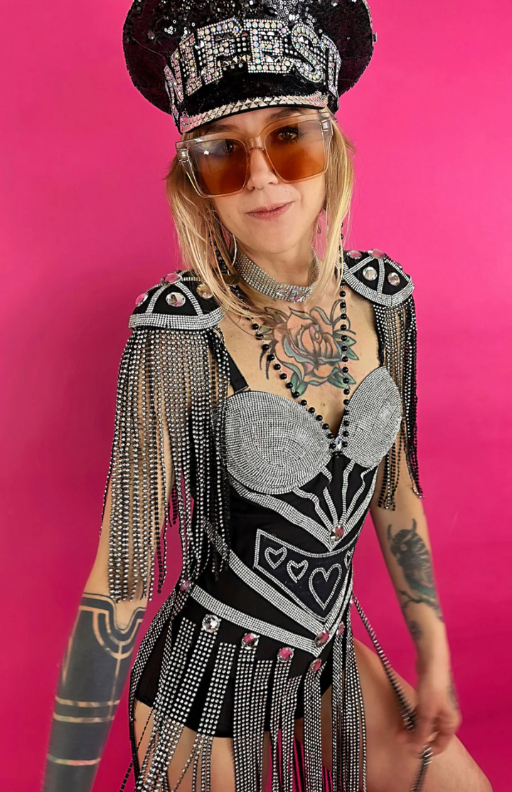Xena crystal bodysuit in black with silver tassels and crystals – Manifestie