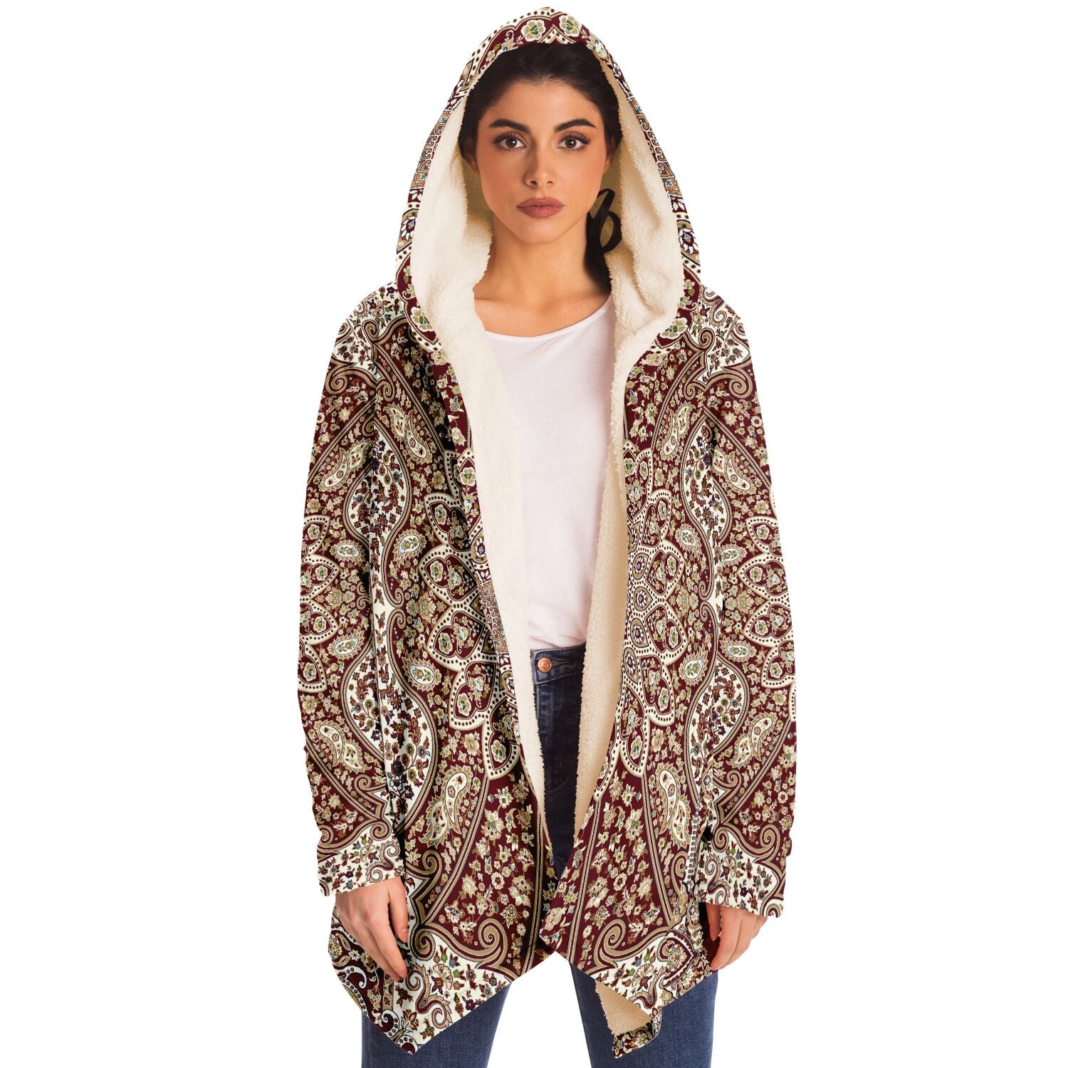 Classic Red Persian Carpet Cuddle Cloak | Unisex Minky Sherpa Lined Hooded Coat