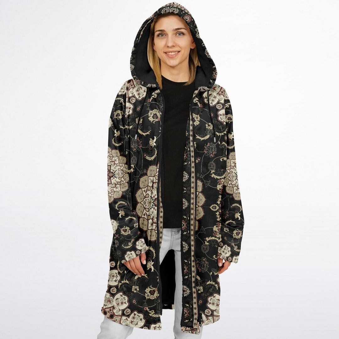 Classic Black Persian Carpet Cuddle Coat | Unisex Minky Sherpa Lined Coat with Hood, Zipper and Pockets | Women and Mens Festival Coat | Mountain Fashion