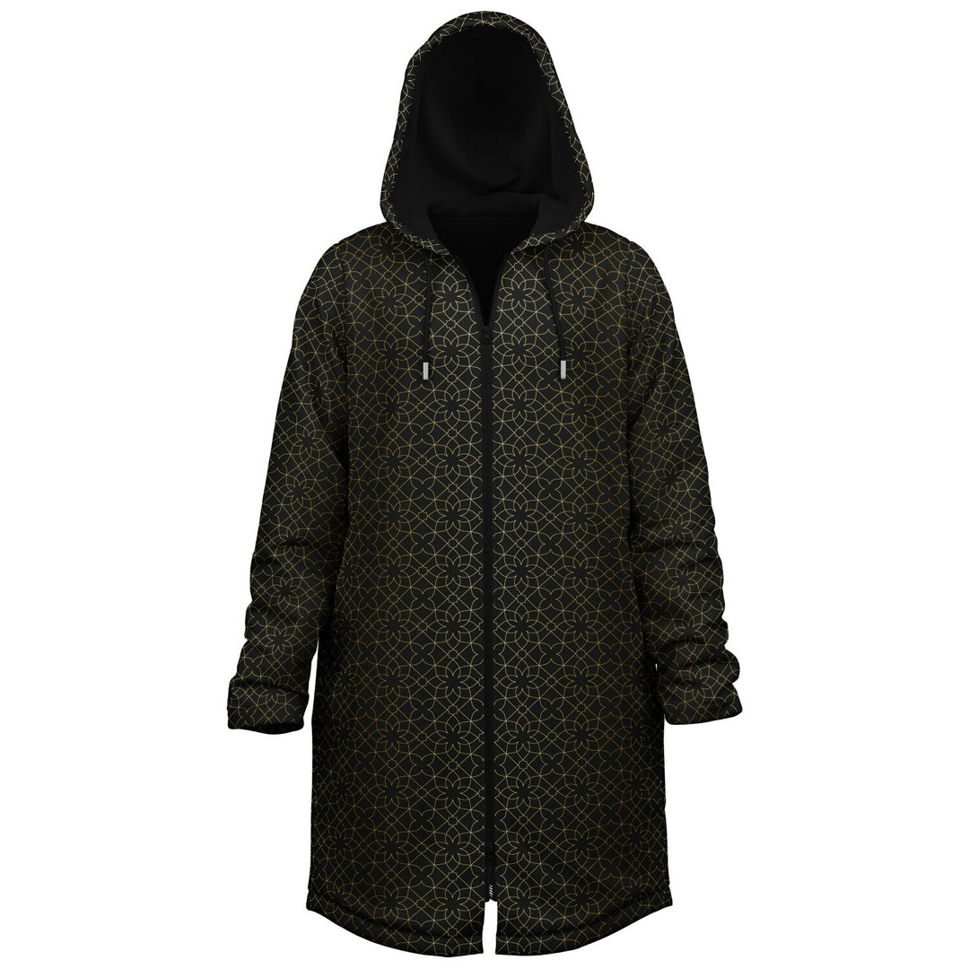 Black and Gold Sacred Geometry Flower Cuddle Coat | Unisex Minky Sherpa Lined Coat with Hood, Zipper and Pockets | Women and Mens Festival Coat | Mountain Fashion