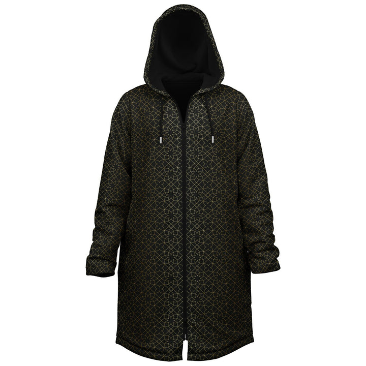 Black and Gold Sacred Geometry Flower Cuddle Coat | Unisex Minky Sherpa Lined Coat with Hood, Zipper and Pockets | Women and Mens Festival Coat | Mountain Fashion