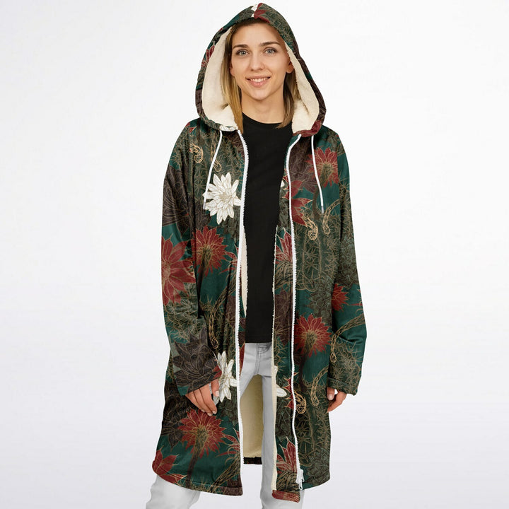 Desert Flowers Carpet Cuddle Coat | Green Red | Unisex Minky Sherpa Lined Coat with Hood, Zipper and Pockets | Women and Mens Festival Coat | Mountain Fashion