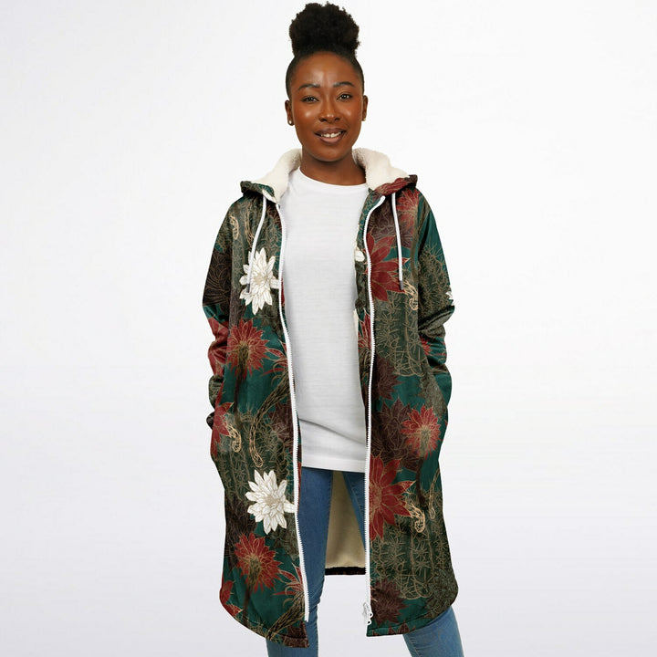 Desert Flowers Carpet Cuddle Coat | Green Red | Unisex Minky Sherpa Lined Coat with Hood, Zipper and Pockets | Women and Mens Festival Coat | Mountain Fashion