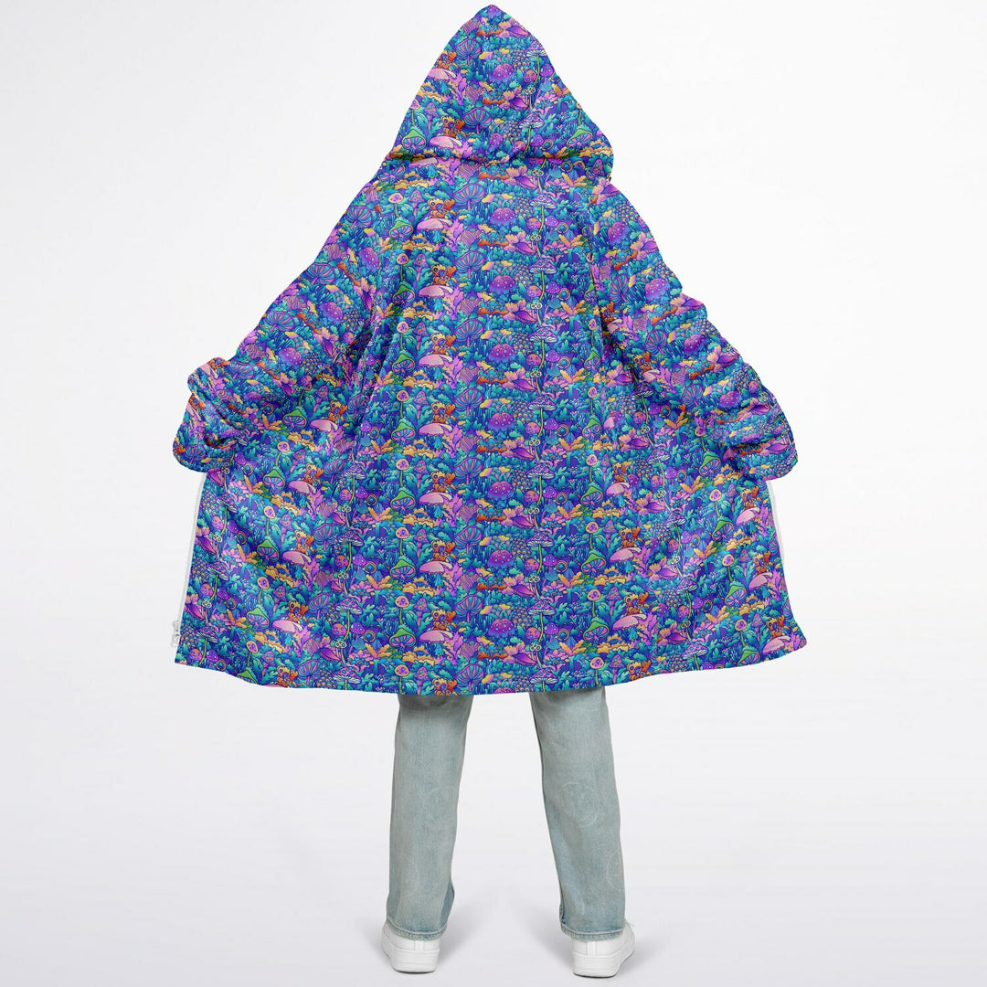 Psychedelic Mushrooms Cuddle Coat | Unisex Minky Sherpa Lined Coat with Hood, Zipper and Pockets | Women and Mens Festival Coat | Mountain Fashion
