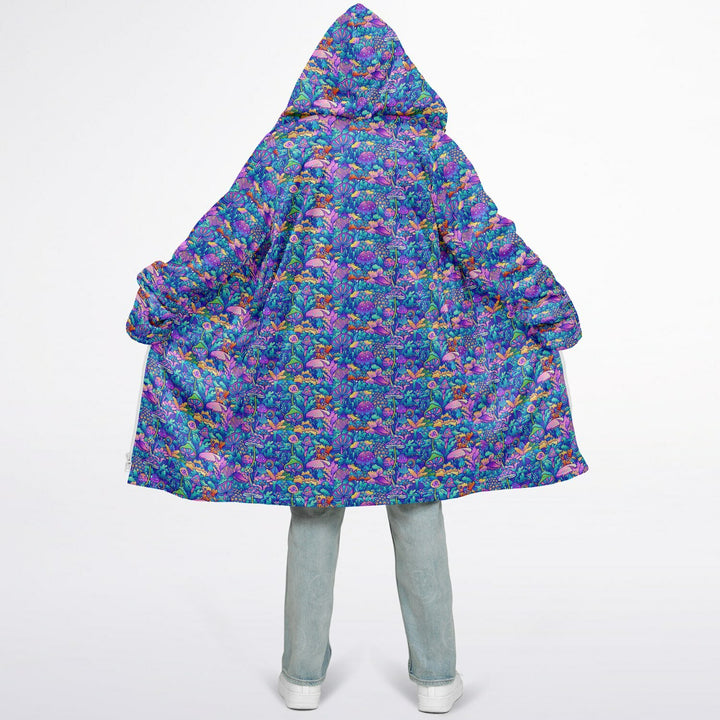 Psychedelic Mushrooms Cuddle Coat | Unisex Minky Sherpa Lined Coat with Hood, Zipper and Pockets | Women and Mens Festival Coat | Mountain Fashion