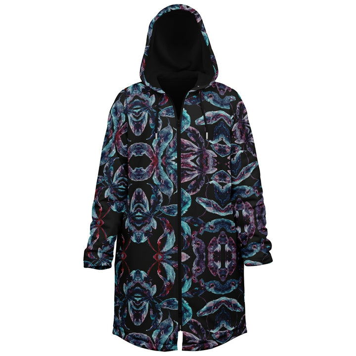 Dark Tropics Cuddle Coat | Unisex Minky Sherpa Lined Coat with Hood, Zipper and Pockets | Women and Mens Festival Coat | Mountain Fashion