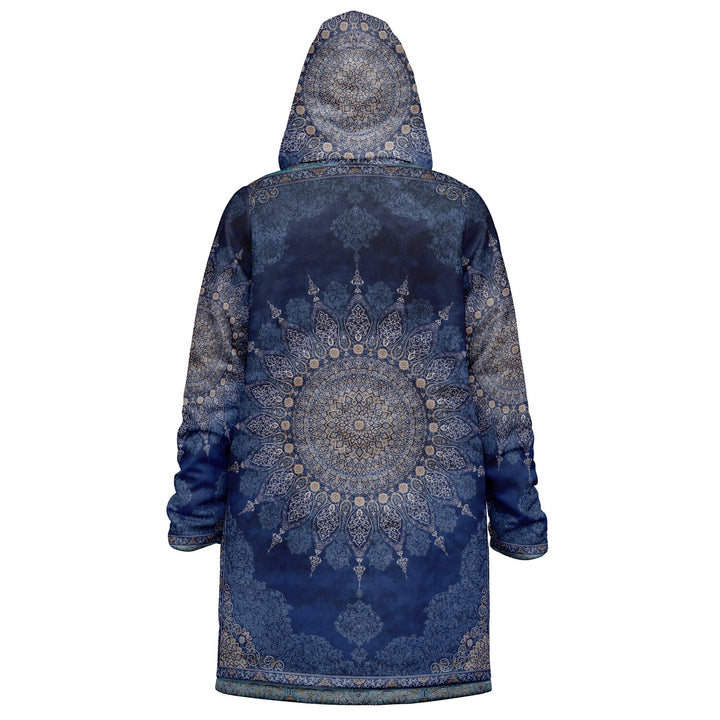 Radial Blue Persian Carpet Cuddle Coat | Unisex Minky Sherpa Lined Coat with Hood, Zipper and Pockets | Women and Mens Festival Coat | Mountain Fashion