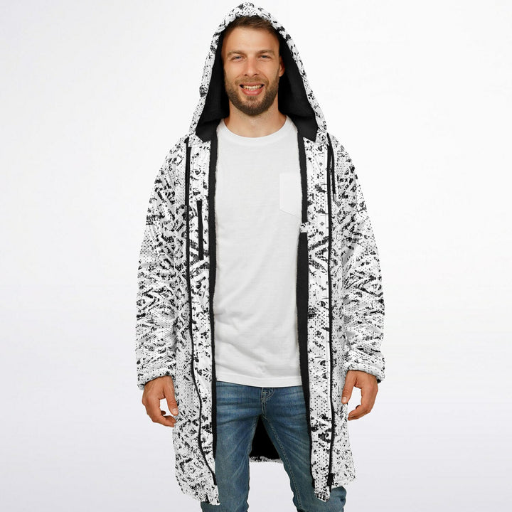 Tribal Fade Cuddle Coat |  Black White | Unisex Minky Sherpa Lined Coat with Hood, Zipper and Pockets | Women and Mens Festival Coat | Mountain Fashion
