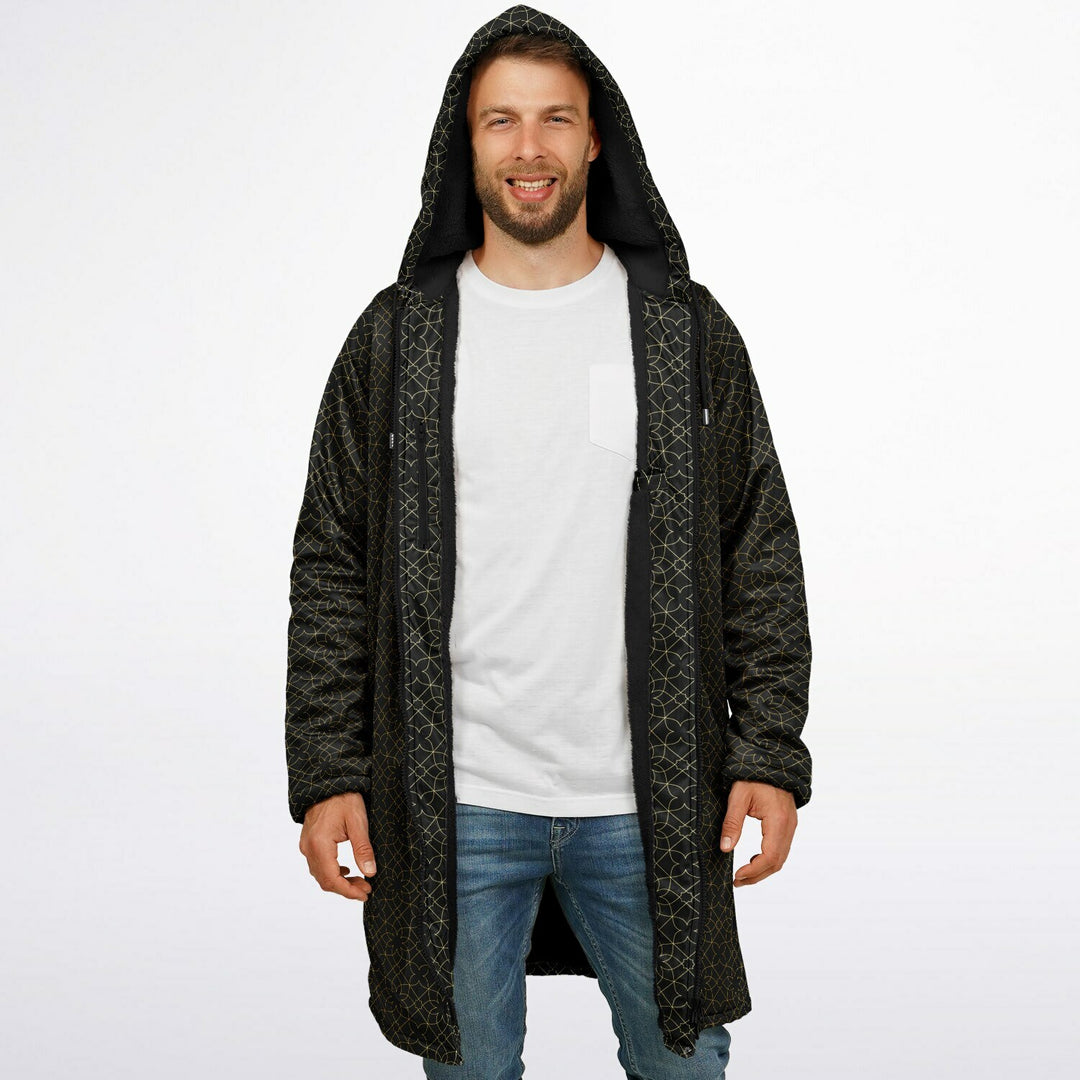 Black and Gold Sacred Geometry Flower Cuddle Coat | Unisex Minky Sherpa Lined Coat with Hood, Zipper and Pockets | Women and Mens Festival Coat | Mountain Fashion