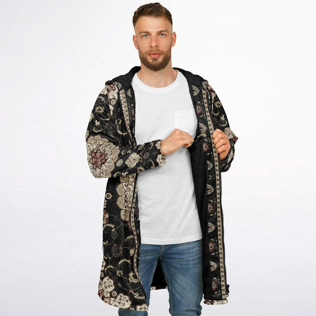 Classic Black Persian Carpet Cuddle Coat | Unisex Minky Sherpa Lined Coat with Hood, Zipper and Pockets | Women and Mens Festival Coat | Mountain Fashion
