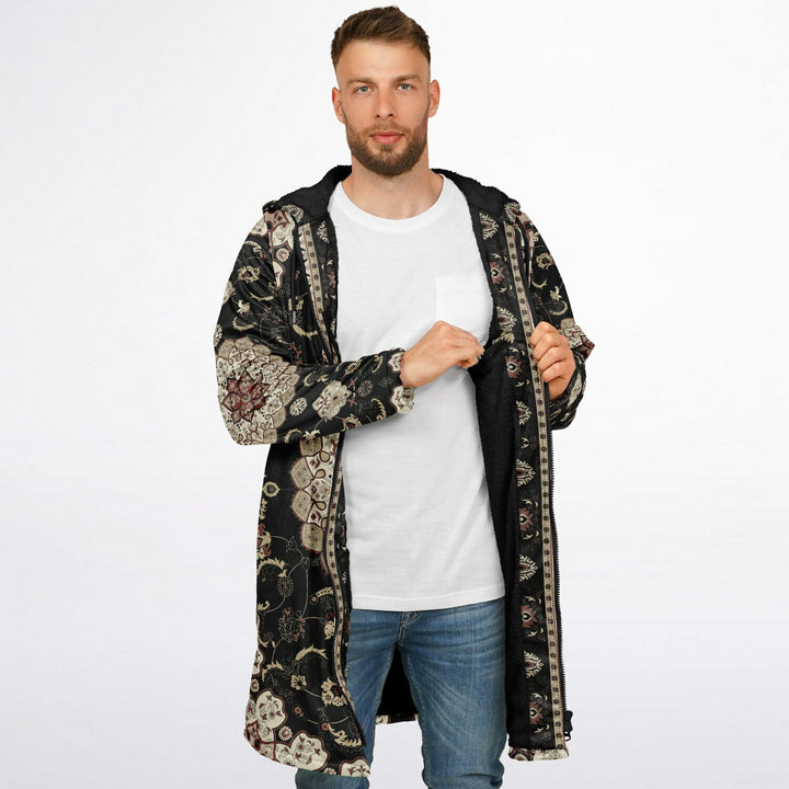 Classic Black Persian Carpet Cuddle Coat | Unisex Minky Sherpa Lined Coat with Hood, Zipper and Pockets | Women and Mens Festival Coat | Mountain Fashion