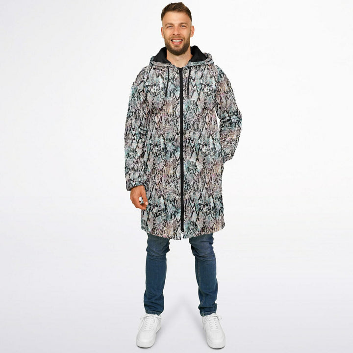 Prism Python Cuddle Coat | Unisex Minky Sherpa Lined Coat with Hood, Zipper and Pockets | Women and Mens Festival Coat | Mountain Fashion