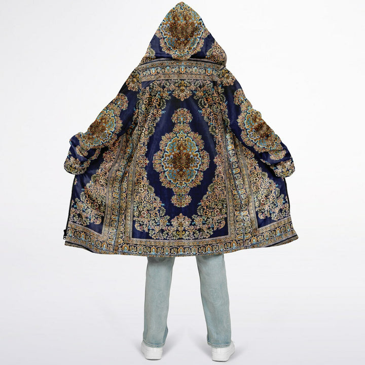 Classic Persian Cuddle Coat | Qom, Blue and Gold | Unisex Minky Sherpa Lined Coat with Hood, Zipper and Pockets | Women and Mens Festival Coat | Mountain Fashion