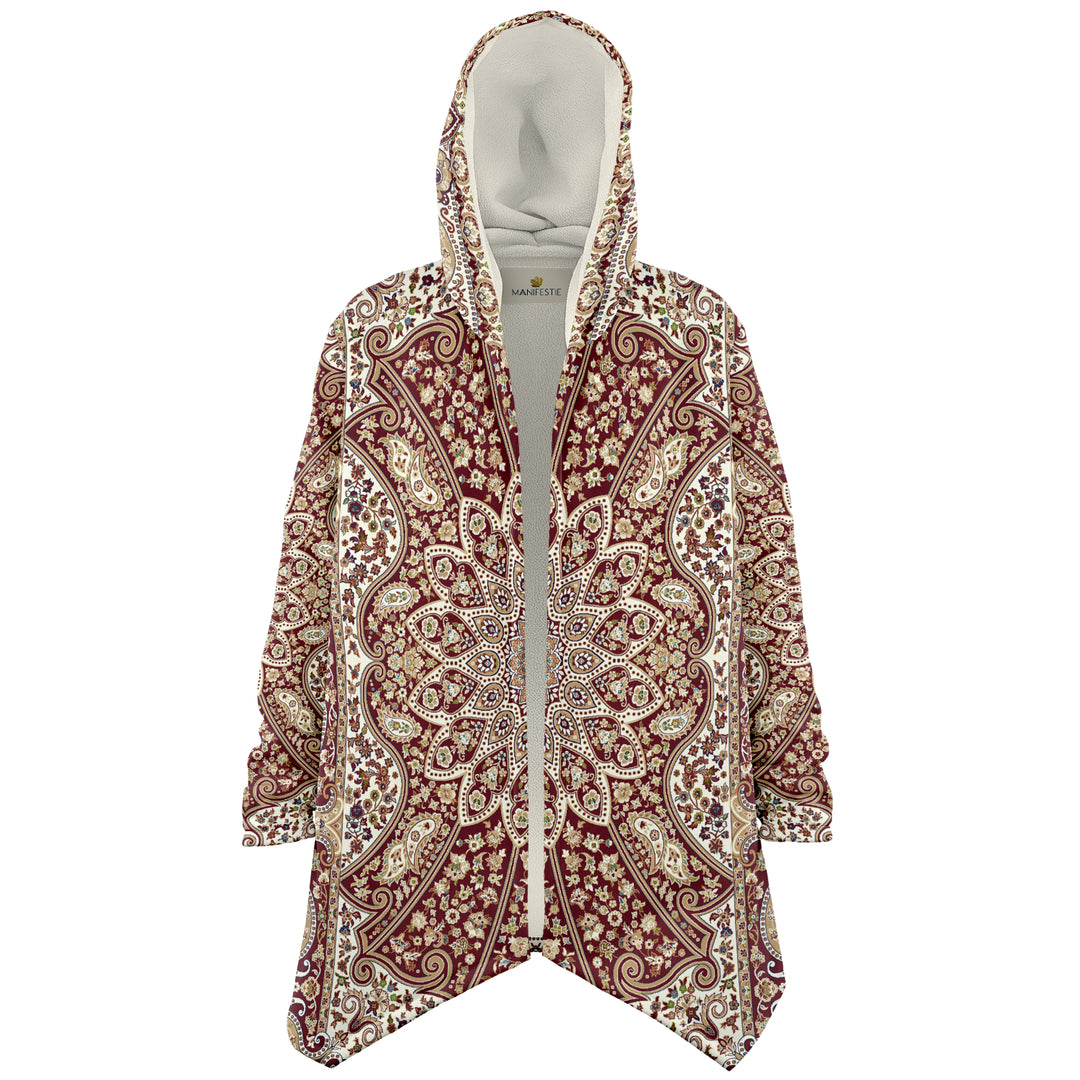Classic Red Persian Carpet Cuddle Cloak | Unisex Minky Sherpa Lined Hooded Coat | Women and Mens Festival Coat | Mountain Fashion