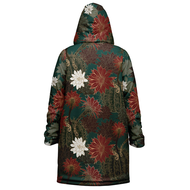 Desert Flowers Carpet Cuddle Coat | Green Red | Unisex Minky Sherpa Lined Coat with Hood, Zipper and Pockets | Women and Mens Festival Coat | Mountain Fashion