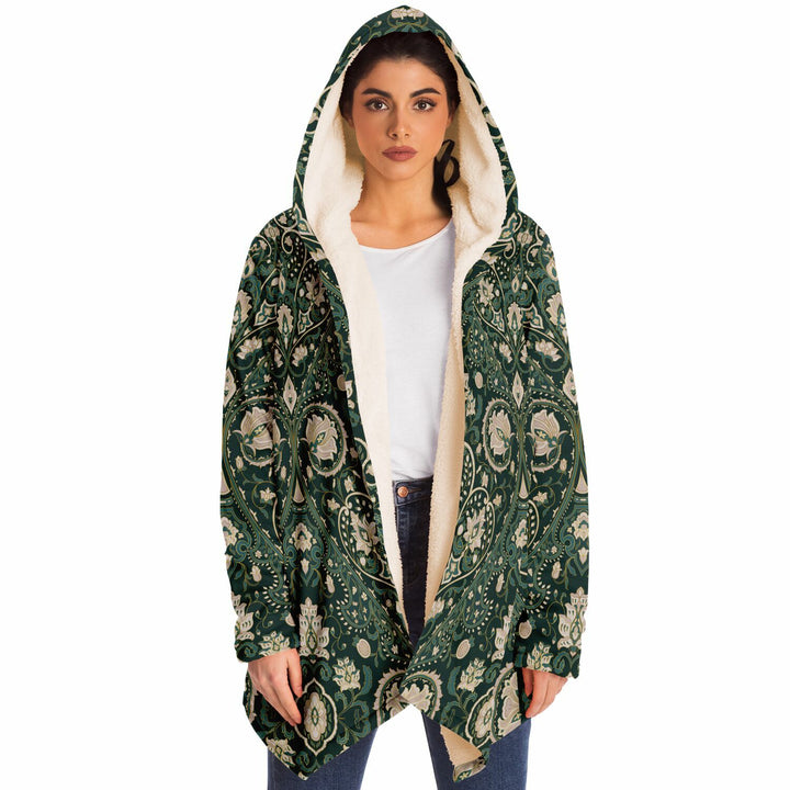 Green Persian Carpet Cuddle Cloak | Unisex Minky Sherpa Lined Coat with Hood, Zipper and Pockets | Women and Mens Festival Coat | Mountain Fashion