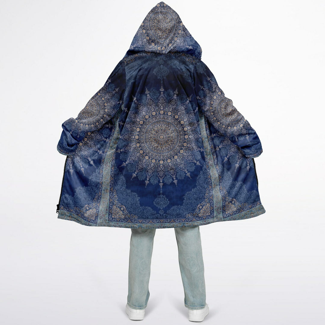 Radial Blue Persian Carpet Cuddle Coat | Unisex Minky Sherpa Lined Coat with Hood, Zipper and Pockets | Women and Mens Festival Coat | Mountain Fashion