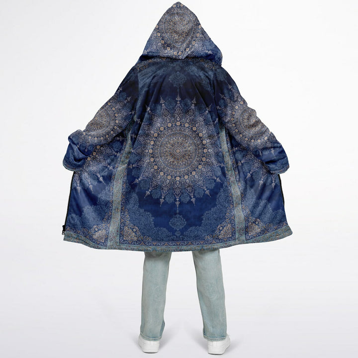 Radial Blue Persian Carpet Cuddle Coat | Unisex Minky Sherpa Lined Coat with Hood, Zipper and Pockets | Women and Mens Festival Coat | Mountain Fashion