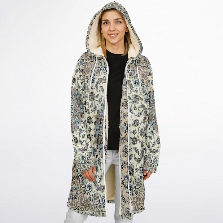 Classic Persian Carpet Cuddle Coat | Nain, Cream and Soft Blue | Unisex Minky Sherpa Lined Coat with Hood, Zipper and Pockets | Women and Mens Festival Coat | Mountain Fashion