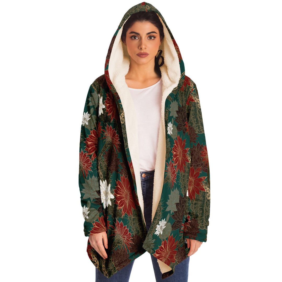 Desert Flowers Cuddle Cloak | Green Red | Unisex Minky Sherpa Lined Hooded Coat | Women and Mens Festival Coat | Mountain Fashion