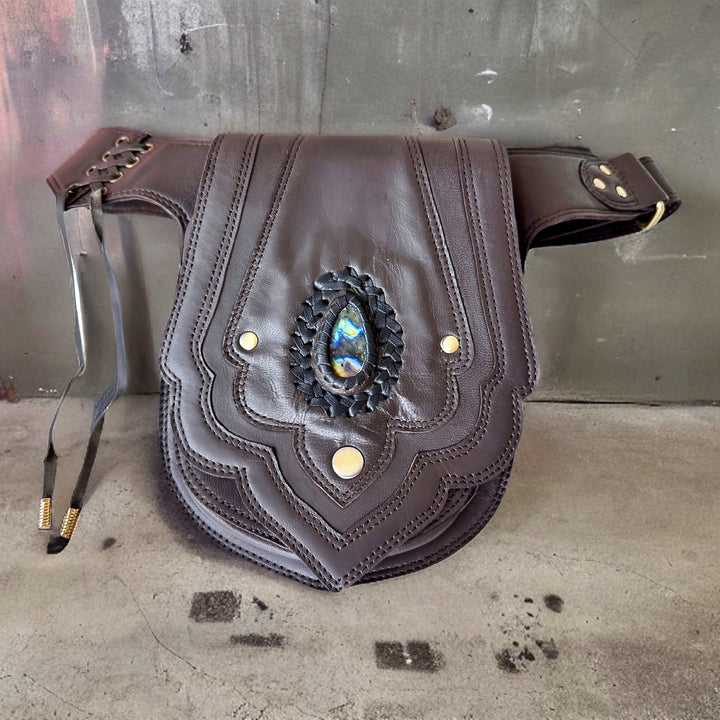 Brown Festival Pocket Belt | Leather Pouch with Beautiful Labradorite Stone