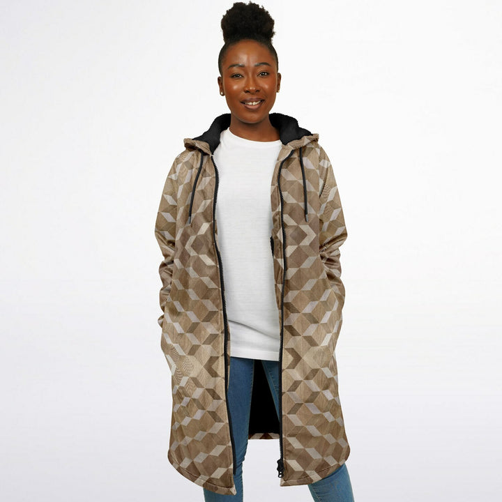 Gold Cube Cuddle Coat | Unisex Minky Sherpa Lined Coat with Hood, Zipper and Pockets | Women and Mens Festival Coat | Mountain Fashion