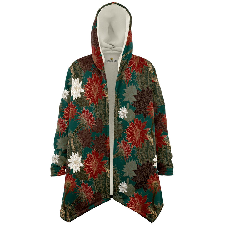Desert Flowers Cuddle Cloak | Green Red | Unisex Minky Sherpa Lined Hooded Coat | Women and Mens Festival Coat | Mountain Fashion