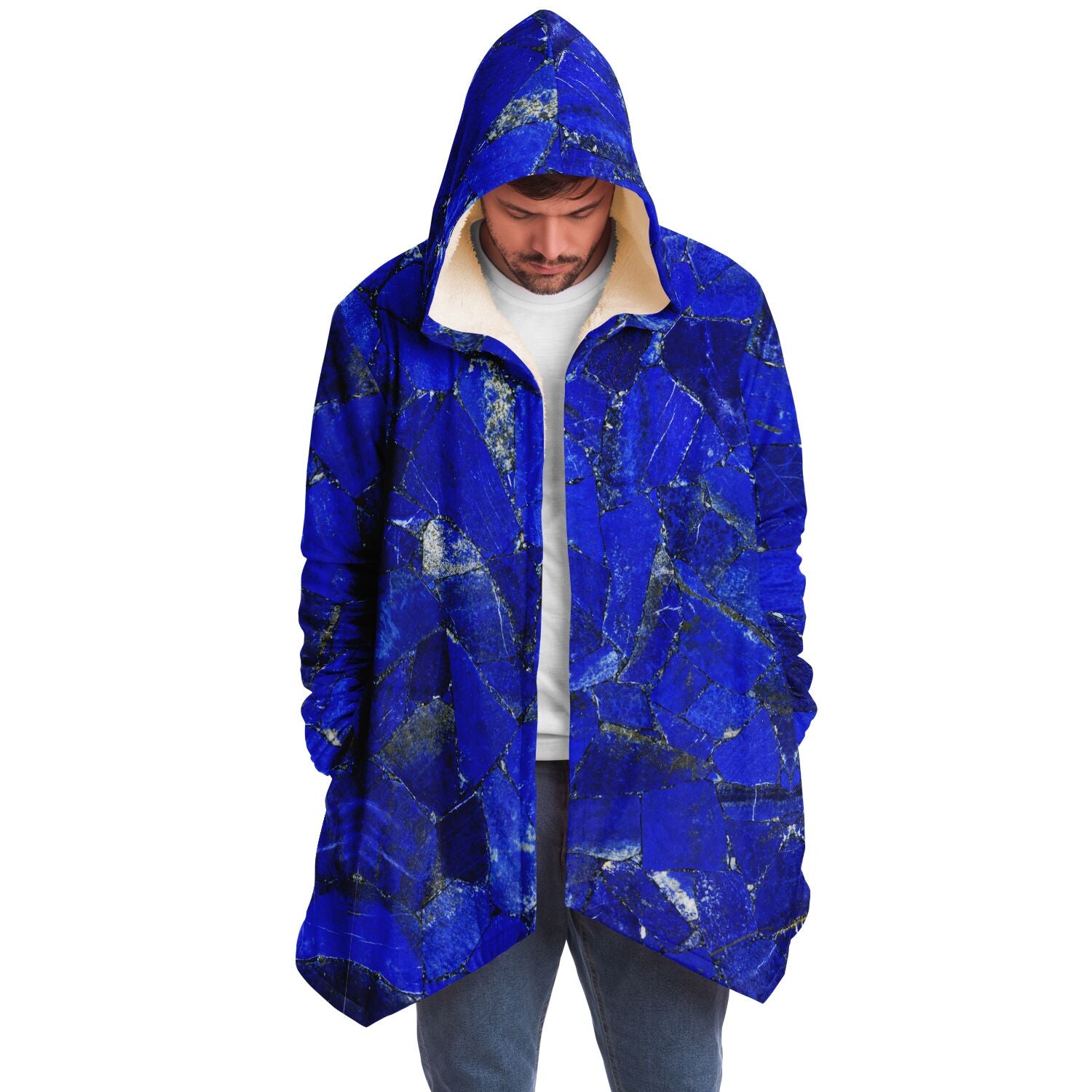 LAPIS LAZULI Premium Sherpa Cloak | Unisex Blue Crystal Print