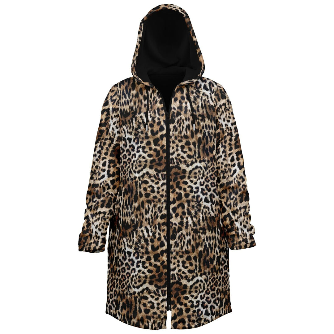 Leopard Print Cuddle Coat | Unisex Minky Sherpa Lined Coat with Hood, Zipper and Pockets | Women and Mens Festival Coat | Mountain Fashion