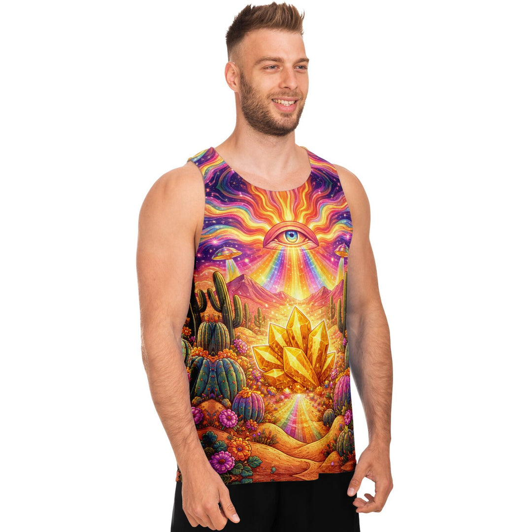 Psychedelic Desert Eye Tank Top – Festival Rave Shirt with Gold Crystal &amp; Cosmic Print