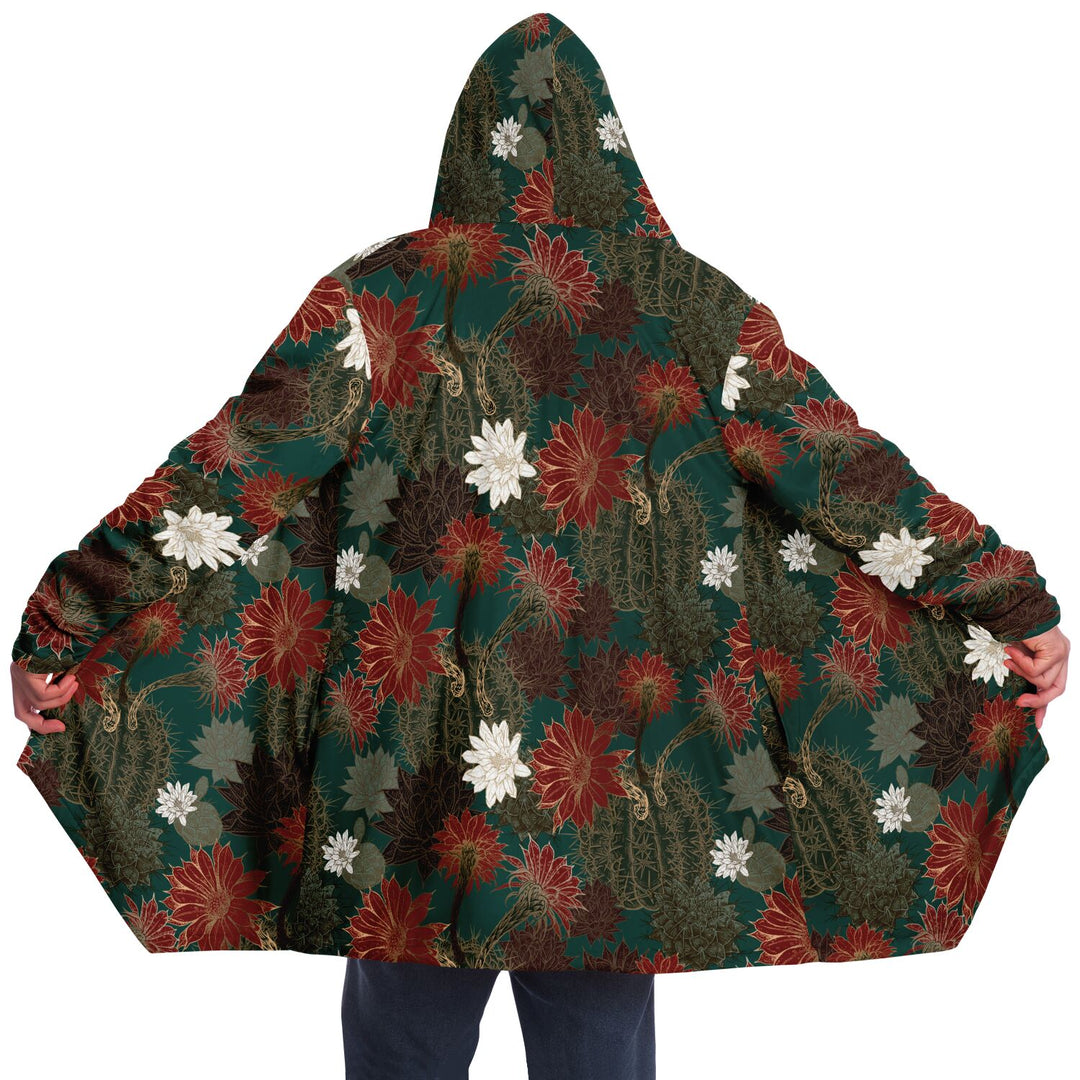 Desert Flowers Cuddle Cloak | Green Red | Unisex Minky Sherpa Lined Hooded Coat | Women and Mens Festival Coat | Mountain Fashion