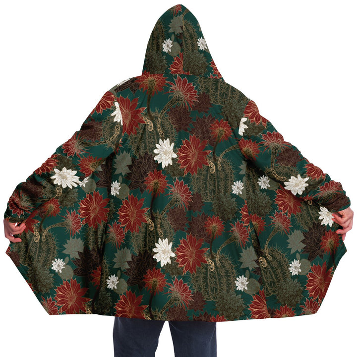 Desert Flowers Cuddle Cloak | Green Red | Unisex Minky Sherpa Lined Hooded Coat | Women and Mens Festival Coat | Mountain Fashion