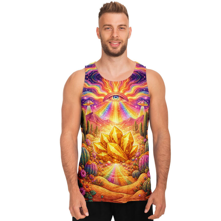 Psychedelic Desert Eye Tank Top – Festival Rave Shirt with Gold Crystal &amp; Cosmic Print