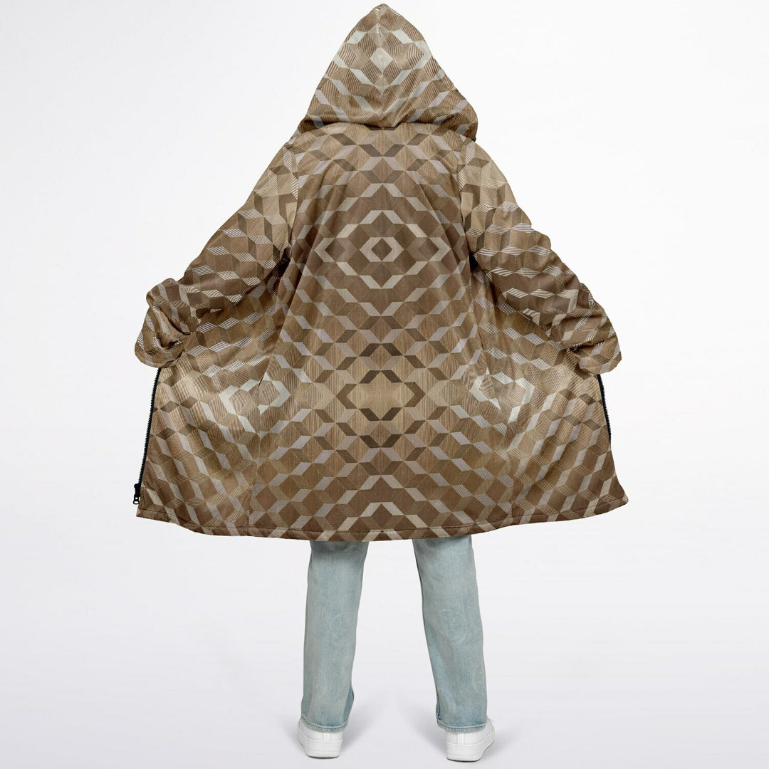 Gold Cube Cuddle Coat | Unisex Minky Sherpa Lined Coat with Hood, Zipper and Pockets | Women and Mens Festival Coat | Mountain Fashion