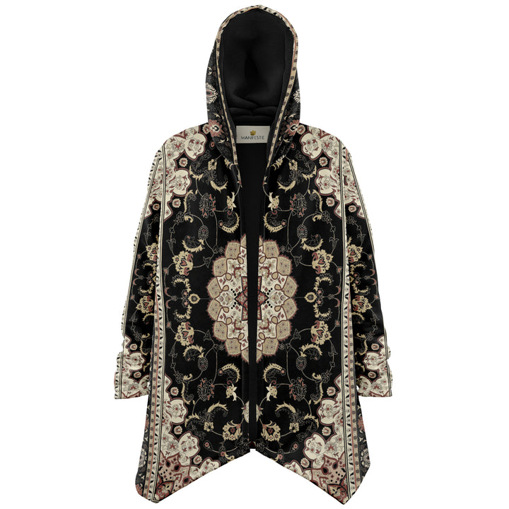 Classic Black Persian Carpet Cuddle Cloak | Unisex Minky Sherpa Lined Hooded Coat | Women and Mens Festival Coat | Mountain Fashion