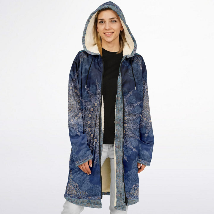 Radial Blue Persian Carpet Cuddle Coat | Unisex Minky Sherpa Lined Coat with Hood, Zipper and Pockets | Women and Mens Festival Coat | Mountain Fashion