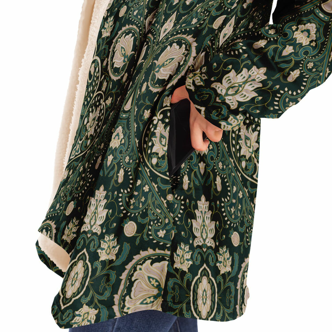 Green Persian Carpet Cuddle Cloak | Unisex Minky Sherpa Lined Coat with Hood, Zipper and Pockets | Women and Mens Festival Coat | Mountain Fashion