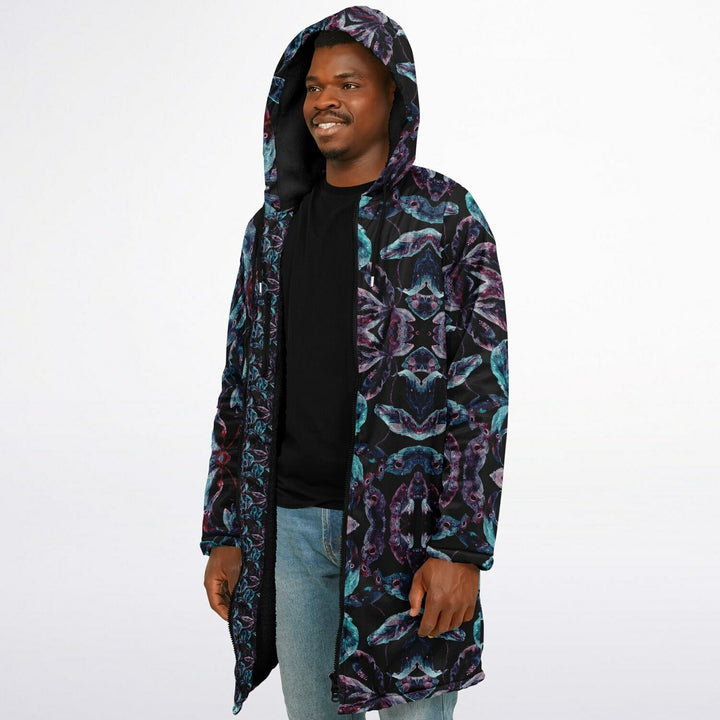 Dark Tropics Cuddle Coat | Unisex Minky Sherpa Lined Coat with Hood, Zipper and Pockets | Women and Mens Festival Coat | Mountain Fashion