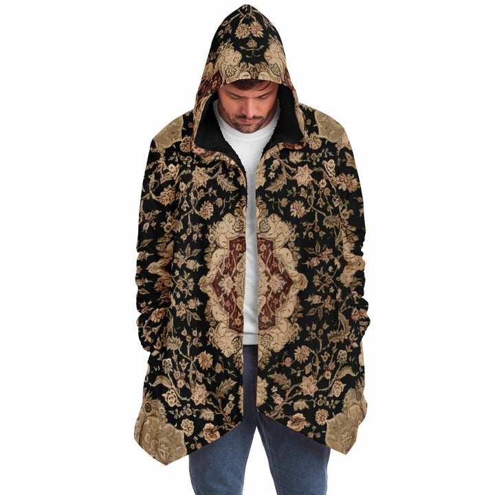 Black and Brown Persian Carpet Cuddle Cloak | Unisex Minky Sherpa Hooded Coat | Women and Mens Festival Coat | Mountain Fashion