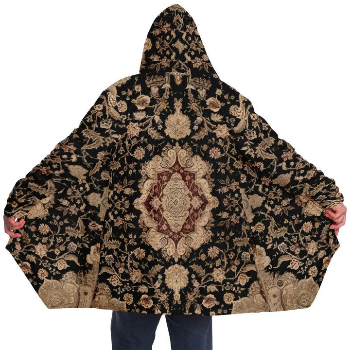 Black and Brown Persian Carpet Cuddle Cloak | Unisex Minky Sherpa Hooded Coat | Women and Mens Festival Coat | Mountain Fashion