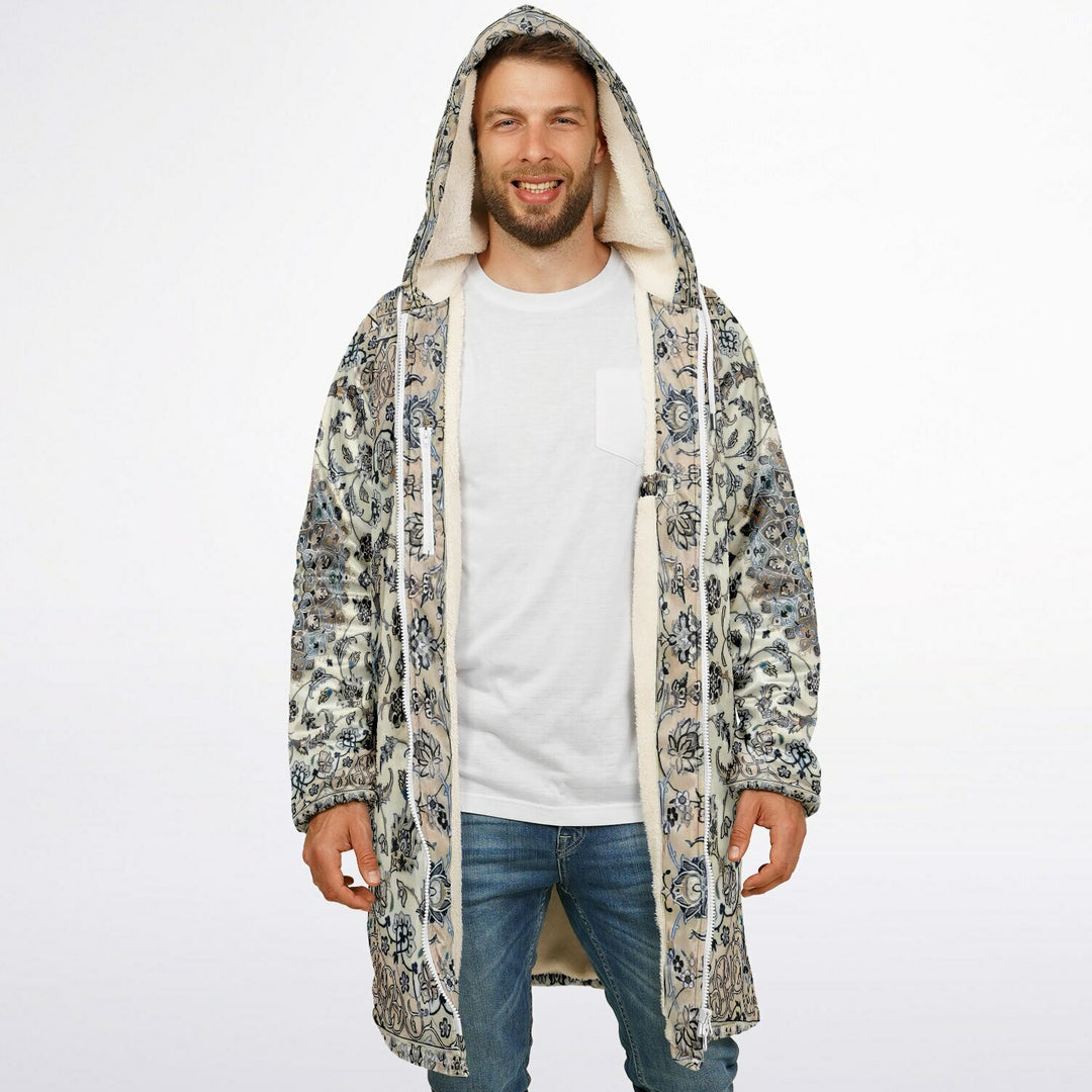 Classic Persian Carpet Cuddle Coat | Nain, Cream and Soft Blue | Unisex Minky Sherpa Lined Coat with Hood, Zipper and Pockets | Women and Mens Festival Coat | Mountain Fashion