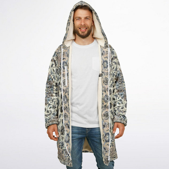 Classic Persian Carpet Cuddle Coat | Nain, Cream and Soft Blue | Unisex Minky Sherpa Lined Coat with Hood, Zipper and Pockets | Women and Mens Festival Coat | Mountain Fashion