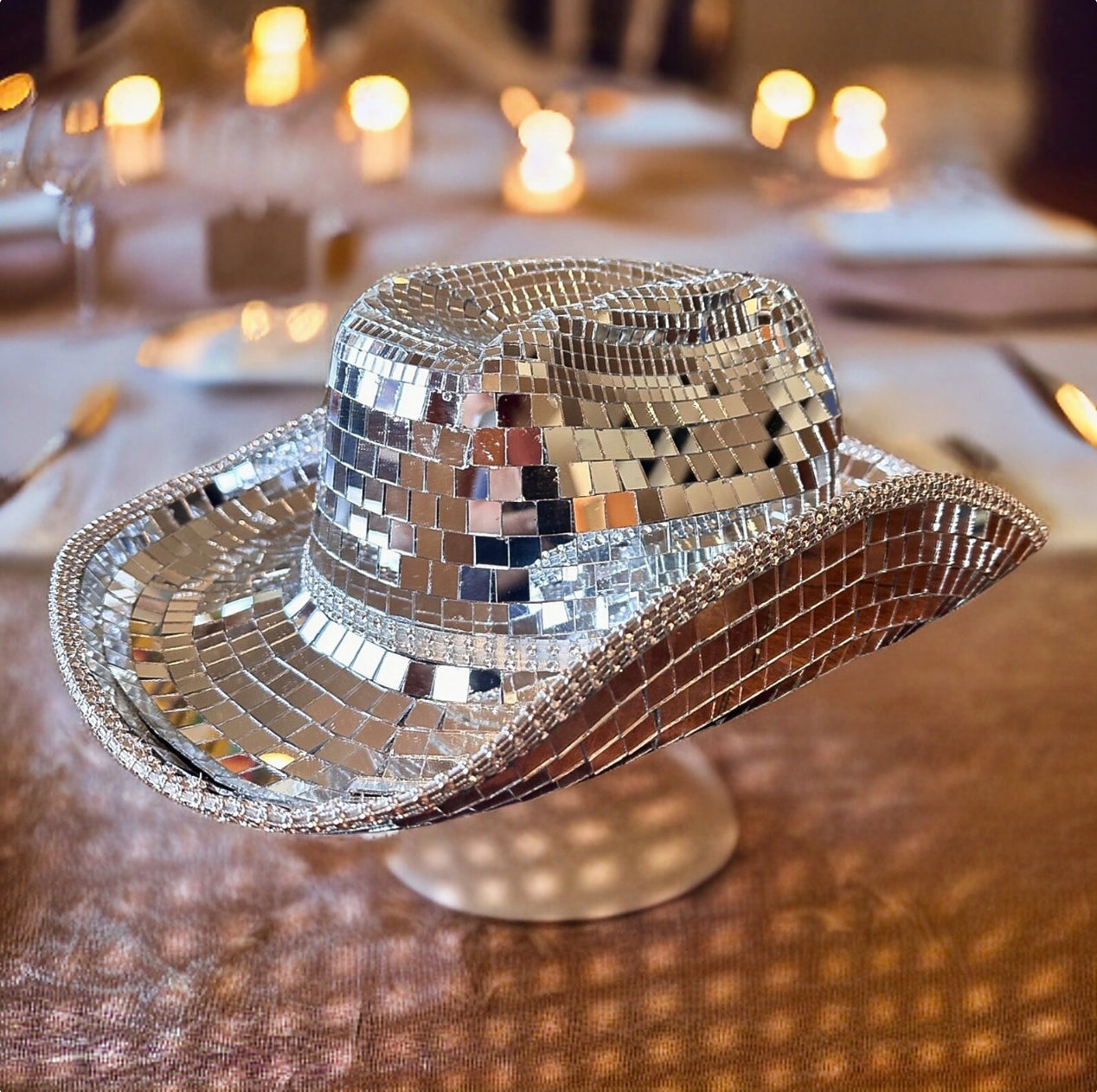 Afterglo Disco Ball Cowboy Hat- Silver Sequin, Ideal for Festivals, Renaissance Tour, Eras Tour, Raves, Bachelorette Birthday Parties, Rodeo